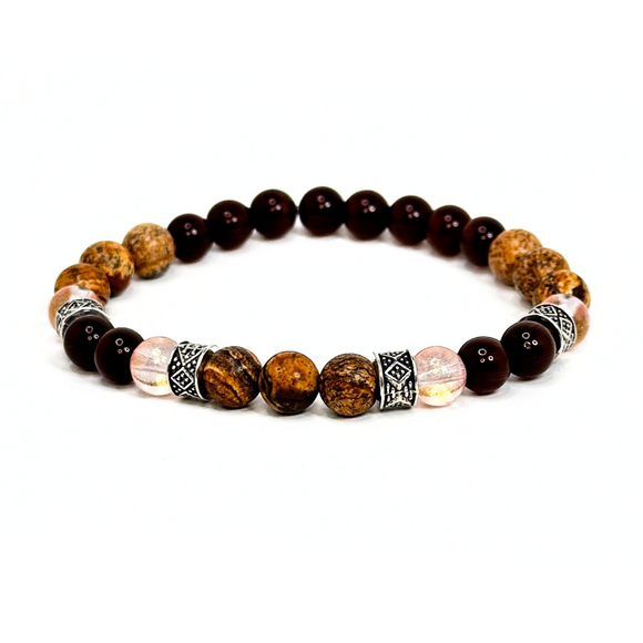 Picture Jasper & Brown Glass Beads Men's Bracelet