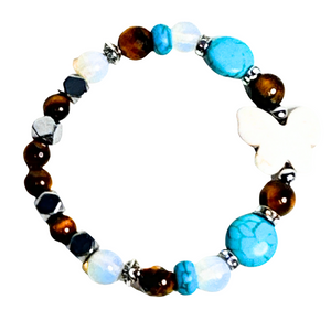 Butterfly Charm, Tiger Eye, Moonstone and Howlite Women's  Bracelet