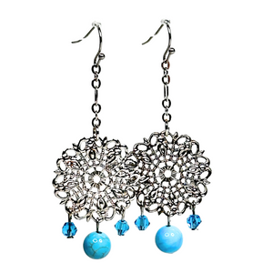 Flower Charm and Turquoise Drop Earrings