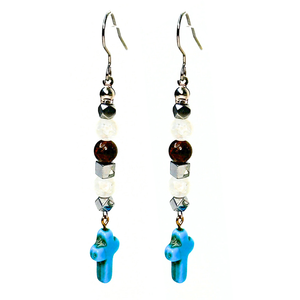 Tiger Eye, Hematite, Clear Crackle Quartz and Howlite Cross Drop Earrings