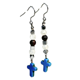 Tiger Eye, Hematite, Clear Crackle Quartz and Howlite Cross Drop Earrings