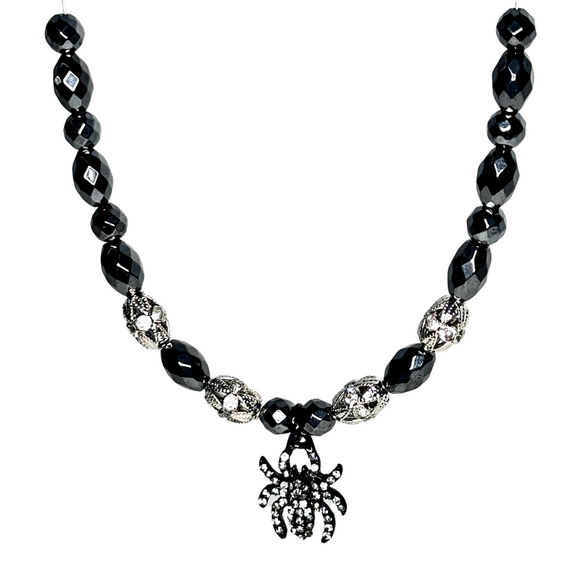 Halloween Black Rhinestone Spider Charm and Hematite Necklace